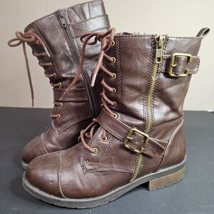 White Mountain Women's Brown Combat Boots Round Toe Zip Up Straps Size 7